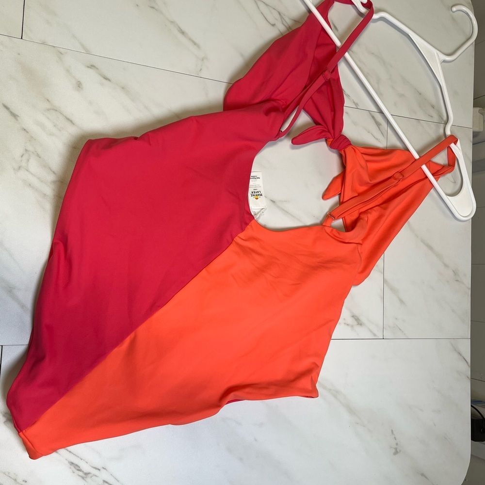 NWOT Marine Layer Havana Tie Front One Piece Swimsuit Azalea Hot Coral Size L - Picture 3 of 8